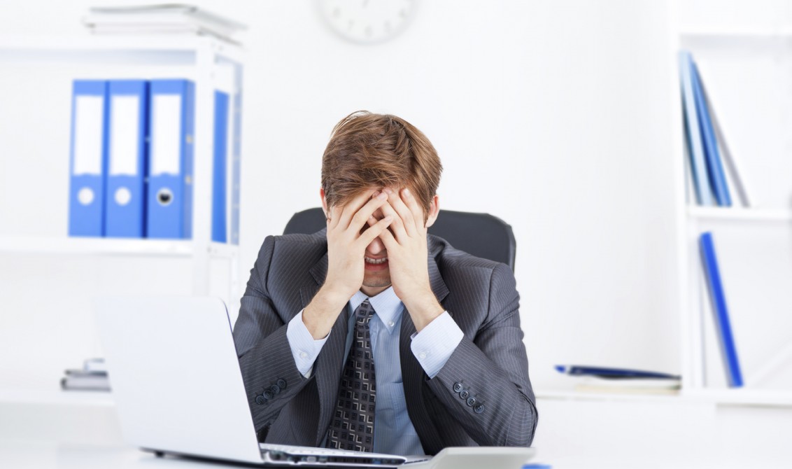 business man working problem, hold head hand cover face pain, ache, businessman tired, overworked sitting at the desk stress, at office
